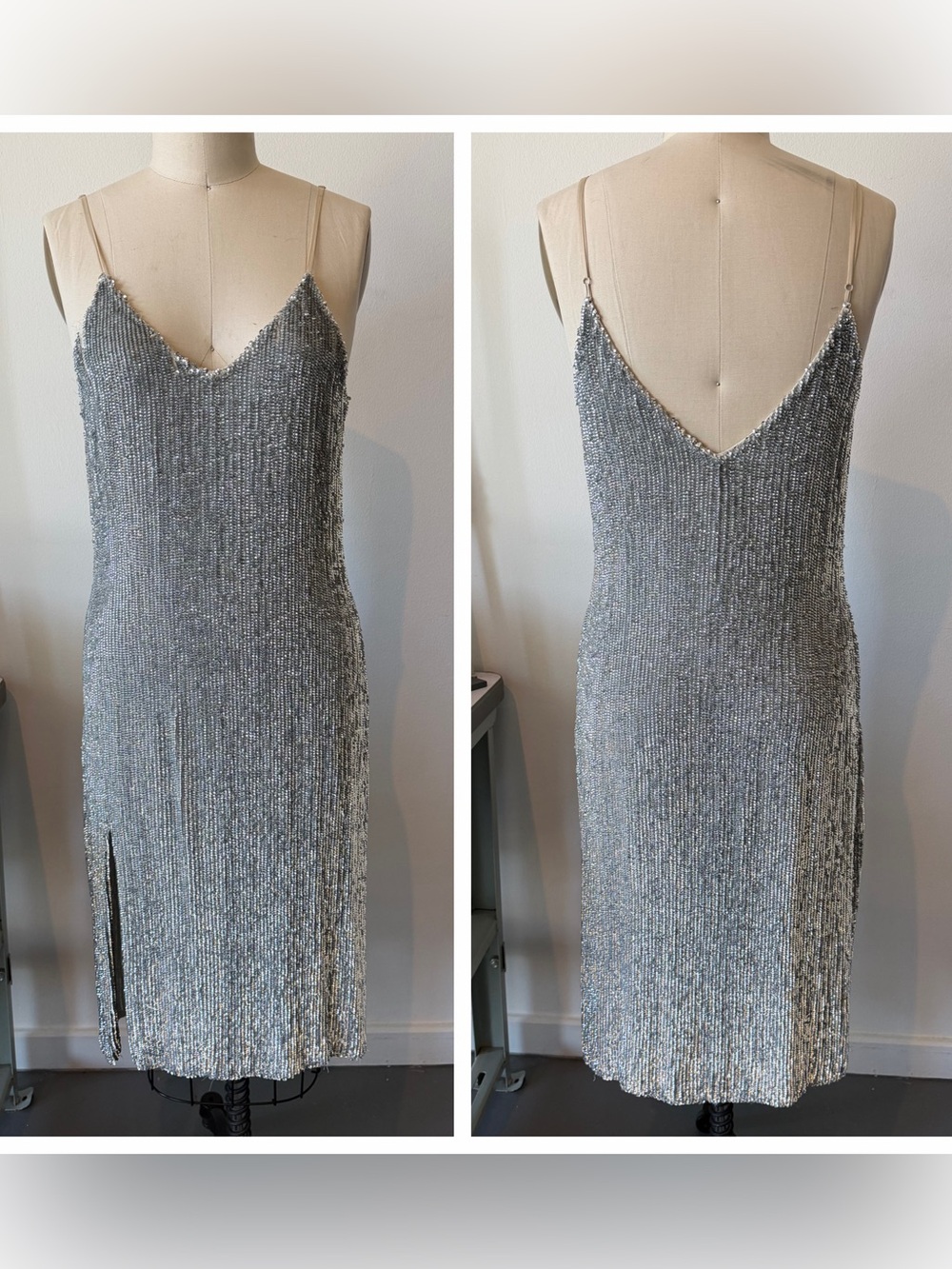 Retrofete Silver Sequin Midi Slip Dress
